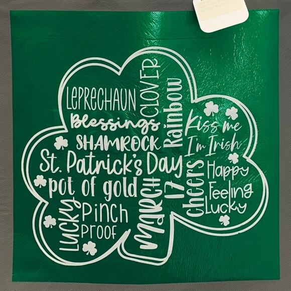 New Upcycled Hand Printed St Patrick's Day Shamrock Irish Cheer Shopper Tote Bag - Picture 2 of 4
